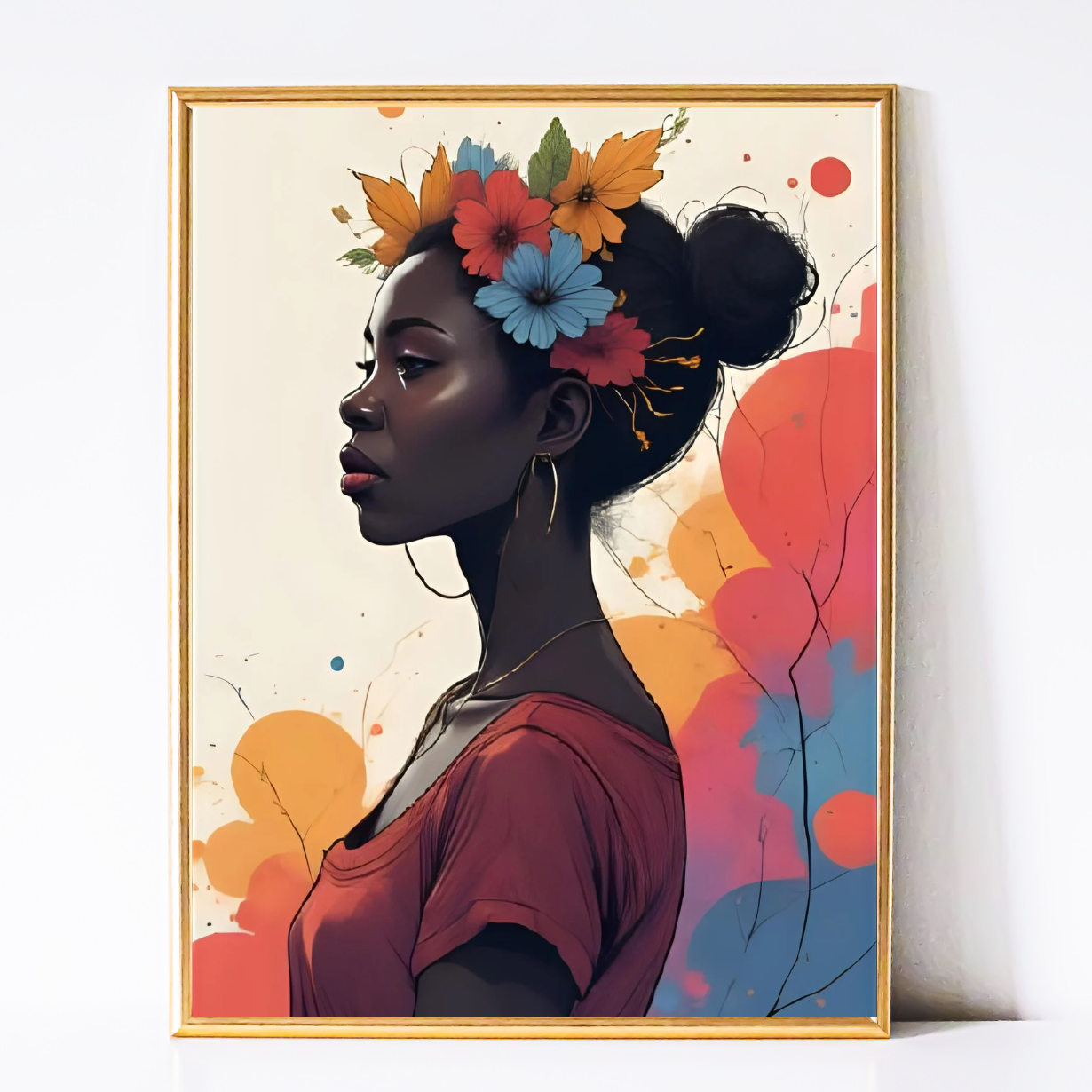 Blooming in Silence – Black Woman Floral Crown Wall Art | Dorm Room & Apartment Decor