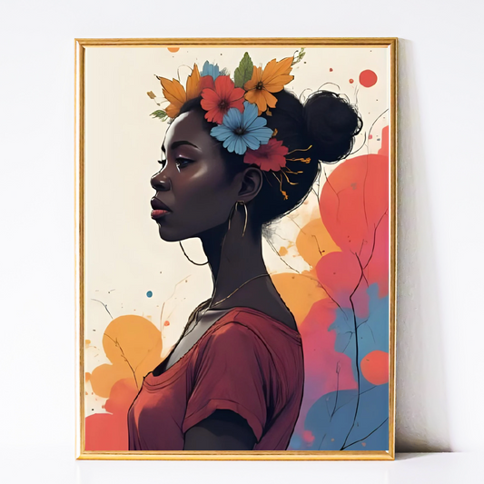 Blooming in Silence – Black Woman Floral Crown Wall Art | Dorm Room & Apartment Decor