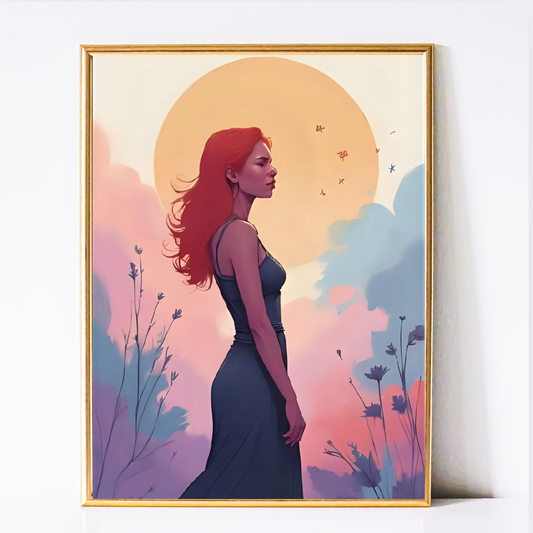 Radiance at Sunset – Redhead Woman Digital Wall Art Print | Dorm, Bedroom & Living Room Decor