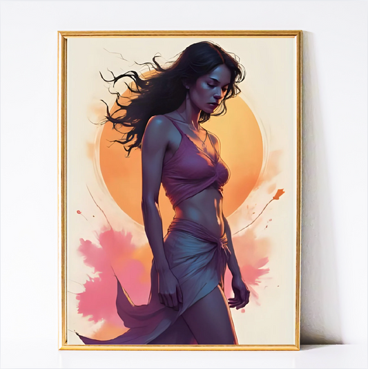 Sunlit Serenity – Woman in Flowing Dress Digital Wall Art Print | Boho Dorm & Bedroom Decor