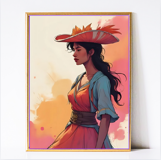 Golden Horizon – Woman in Vintage Hat Digital Wall Art Print | Boho Dorm & Living Room Decor