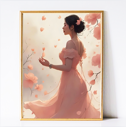 Blush Petals – Woman in Flowing Pink Dress Digital Wall Art Print | Romantic Dorm & Bedroom Decor