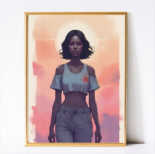 Golden Glow – Woman in Crop Top Digital Wall Art Print | Modern Dorm & Apartment Decor