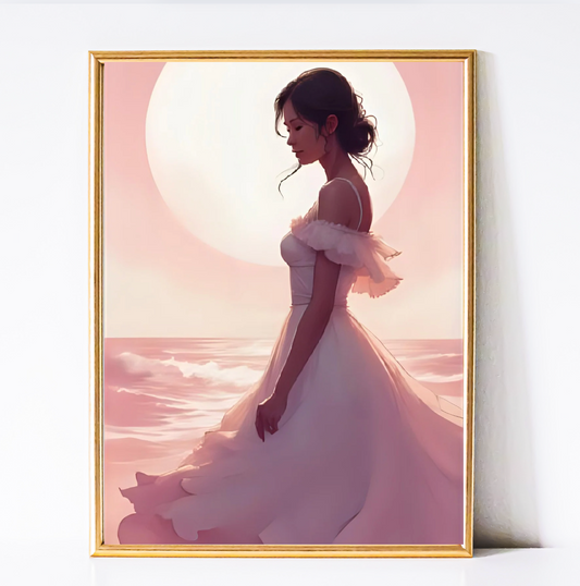 Ocean Sunrise – Woman in White Dress Digital Wall Art Print | Romantic Dorm & Coastal Bedroom Decor