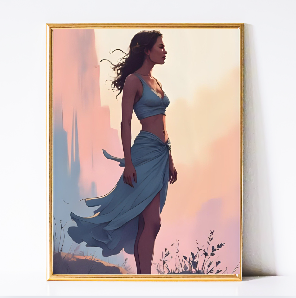 Twilight Breeze – Woman in Blue Skirt Digital Wall Art Print | Boho Dorm & Modern Bedroom Decor