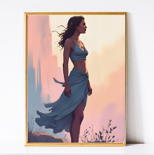Twilight Breeze – Woman in Blue Skirt Digital Wall Art Print | Boho Dorm & Modern Bedroom Decor