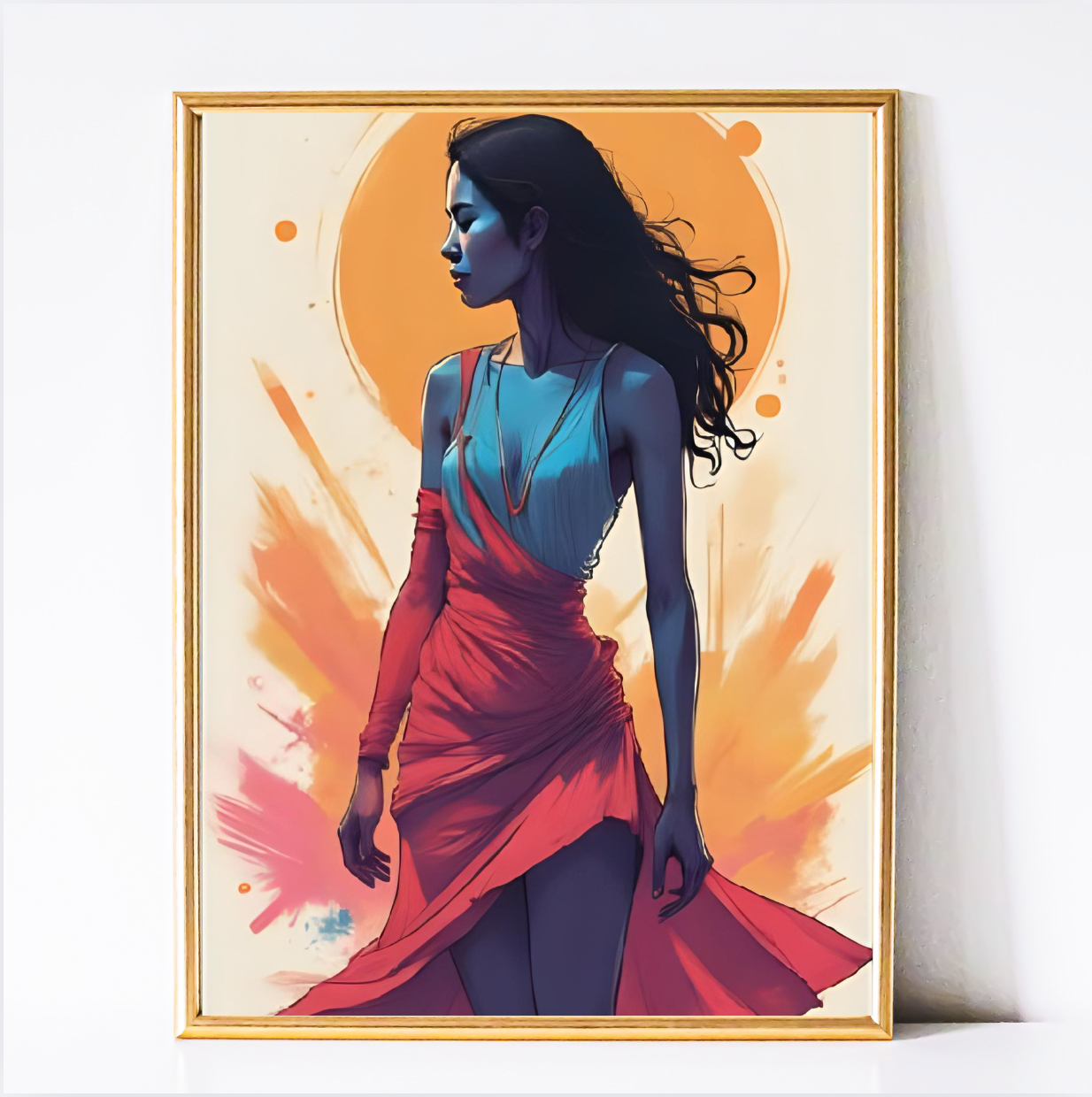 Fiery Grace – Woman in Red Dress Digital Wall Art Print | Bold Dorm & Modern Living Room Decor