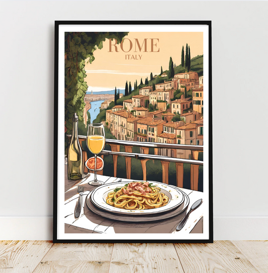 Rome Italy Wall Art Print – Pasta Carbonara & Wine Balcony Scene | Travel-Inspired Kitchen & Dining Decor