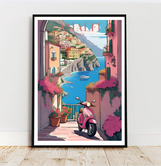 Amalfi Coast Italy Wall Art Print – Pink Scooter & Colorful Coastal View | Travel-Inspired Dorm & Home Decor