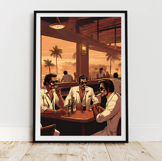 Vintage Sunset Bar Scene Wall Art Print – Retro Men in White Suits with Cigars | Tropical Lounge Decor