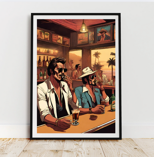 Retro Bar Lounge Wall Art Print – Vintage Men with Cigars & Drinks at Sunset | Man Cave & Cocktail Room Decor