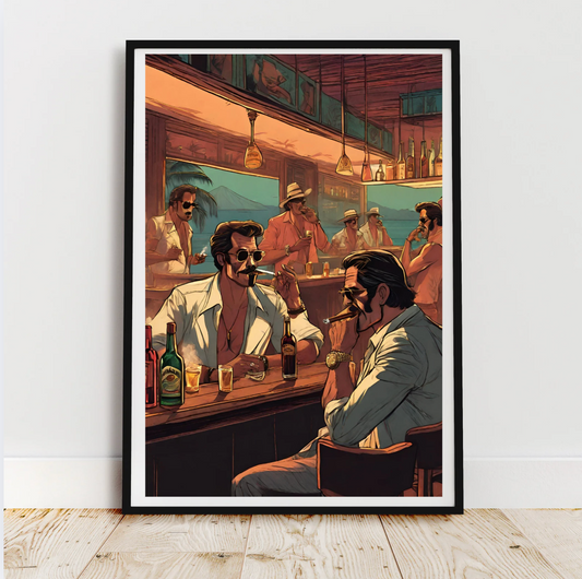 Vintage Cigar Bar Wall Art Print – Retro Men Drinking & Smoking at Nightclub | Man Cave & Lounge Decor